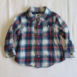 old navy blue plaid cotton flannel button down shirt 2T toddler boys
